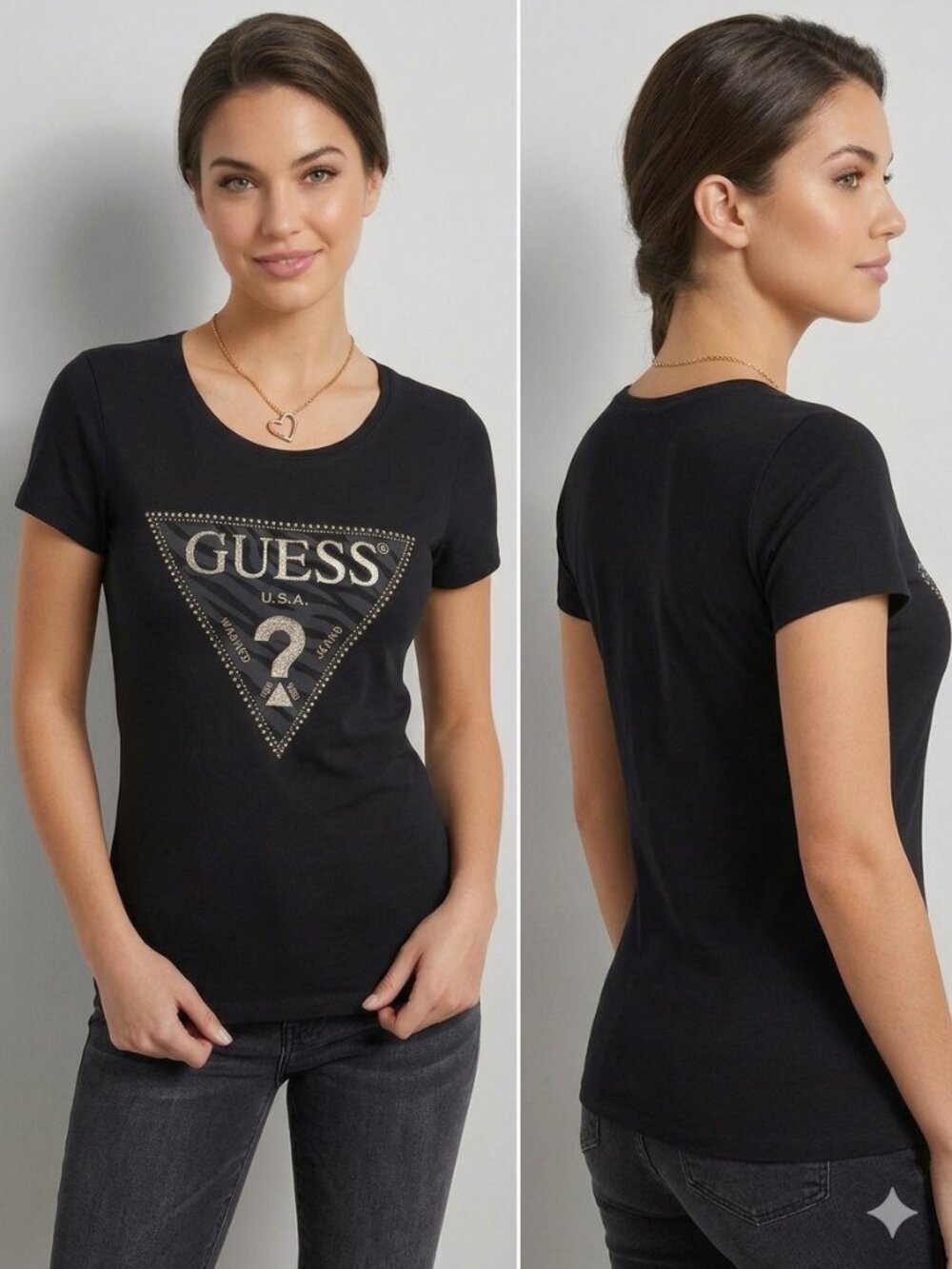 Guess Black T-Shirt with Silver Logo and Rhinestone Triangle Slim Fit Womens
